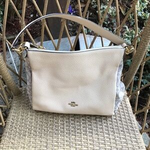 Coach Pebble Leather Handbag w/Signature textile jacquard material-Cream